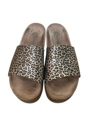 Mephisto Women's Hanik Slide Sandals Leopard Print Brown Tan Silver
